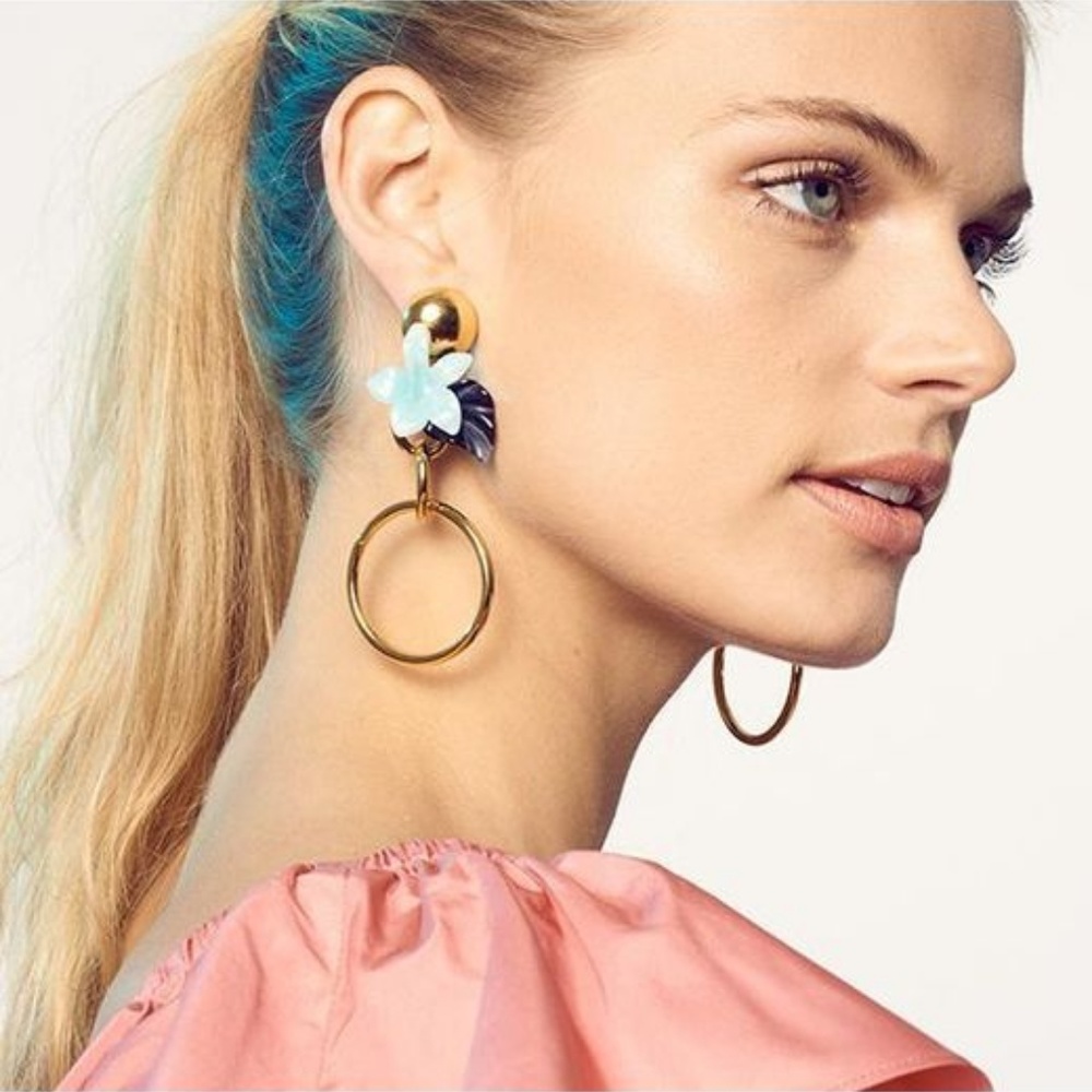 Lele Sadoughi Blue Golden Hibiscus Hoop Earrings - Picture 2 of 4